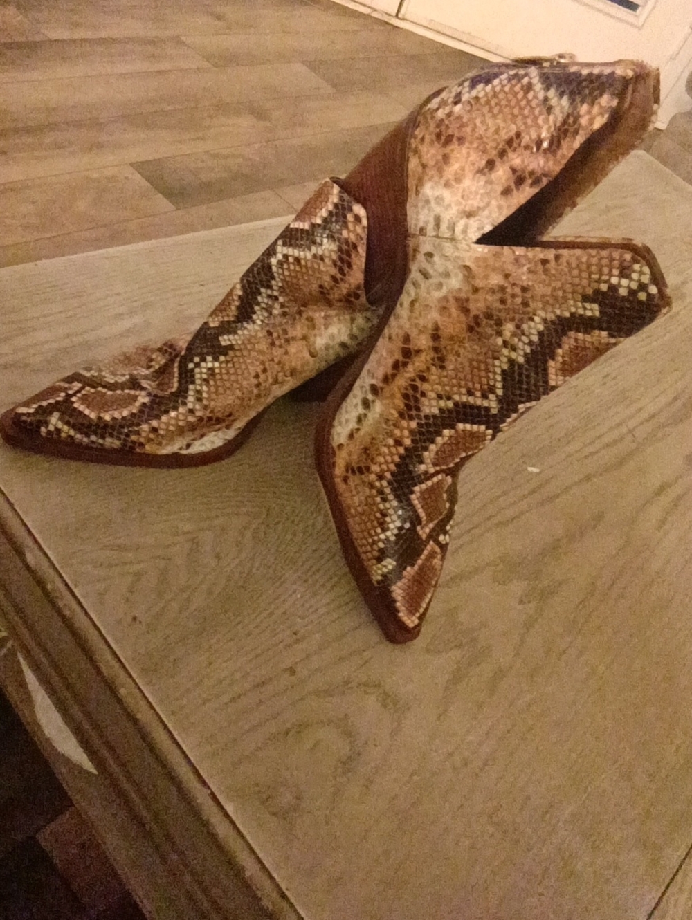 Vince Camuto Brown Snake-Print Pointed Toe Ankle Boots